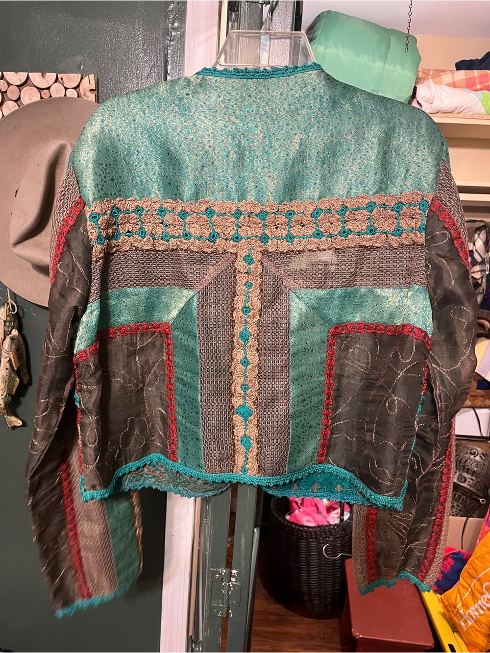 Stunning Crochet Patchwork Cardigan in Teal, Rust & Tan - Picture 6 of 8